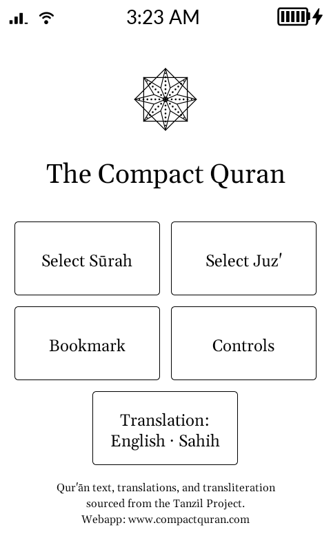 The Compact Quran home screen on the Mudita Kompakt: hizb star logo, Select Sūrah, Select Juz', Bookmark, Controls, and the Translation setting